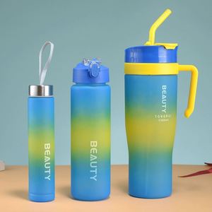Juego de 3 Botellas de Plástico Ecológicas de 1200 ml, Vaso con Tapa Antiderrames, Pajita y Asa, para Gimnasio y Deportes, Uso Directo, Color Personalizable - Product Image 2