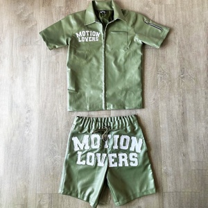 Custom <b>Mens</b> Applique <b>Patch</b> Leather Zip up Jackets <b>Shorts</b> Set Jogger 2 Piece <b>Shorts</b> and Leather <b>Shorts</b> and Shirt Set for <b>Men</b> - Product Image 3