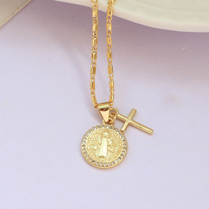 NZ1675 Collar con Colgante de Doble Dije de Oro 18k y Circonitas, con San Benito, Jesús Malverde, Virgen <span class=keywords><strong>del</strong></span> <span class=keywords><strong>Valle</strong></span> y Cruz, Joyería para Dama - Product Image 4