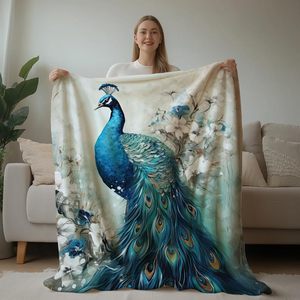 Delicate Blue Peacock Flannel Blanket Throw Blanket Nap Blanket <b>Machine</b> Washable Fade Resistant for Travel <b>Camping</b> Custom Print - Product Image 5