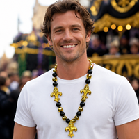 Collier en gros 3 pièces Fleur de Lys noir et or avec grosses perles pour carnaval, défilé, fête costumée, festival, bijoux