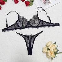 Conjunto de lencería sexy de encaje negro con aros y bragas para mujer, transparente, con ribete de pestañas, 2 piezas, OEM ODM, bordado 3D, venta al por mayor