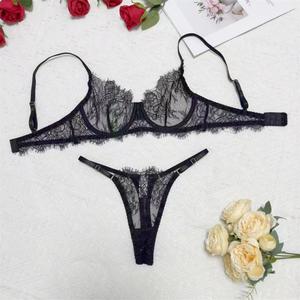 Women's Black Lace Underwire Bra Panty <b>Set</b> Plus Size <b>Sexy</b> Sheer Intimates Eyelash Trim Spandex/Nylon 3D Embroidery Breathable - Product Image 6
