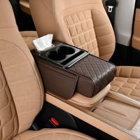 Coussin d'accoudoir universel de luxe personnalisé pour console centrale de voiture avec housse en cuir, sac de rangement, porte-gobelet et boîte à mouchoirs – Vente en gros