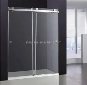 Großhandelspreis rahmenloser Duschraum Edelstahl doppelschieber gehärtetes Glas Duschtor