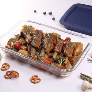 Kitchen Cooking Tempered Rectangle Transparent Printed Oven Safe Borosilicate Glass Baking Tray Dish Pan Container With Cover