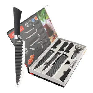 6 adet mutfak bıçağı seti paslanmaz çelik siyah kaplama bıçak yapışmaz kaplama ve PP kolu