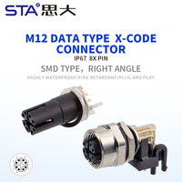Connecteur M12 X codé 8 broches, angle droit, femelle, SMD/SMT, 10 GbE Cat6A, blindé, montage sur carte PCB, Ethernet Profinet EtherCAT