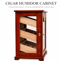 Grand meuble vitrine à cigares en bois et verre avec 4 niveaux de plateaux en cèdre espagnol, hygromètre, serrure et clé, accessoires pour cigares