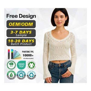 Fabricante de prendas de punto, suéter recortado de cuello redondo personalizado para mujer, suéter de punto de malla de ganchillo, suéter de verano para mujer - Product Image 1