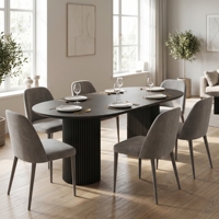 Table à manger ovale noire minimaliste, base cannelée moderne, 6-8 places