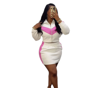 Bộ 2 mảnh màu sắc của phụ nữ ky Áo khoác phía trước zip và Váy Mini trang phục giản dị hiện đại hai mảnh tọa độ - Product Image 1