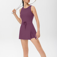 Gaun Sporty Tanpa Lengan Bahan Spandex/Nylon Sejuk dan Bernapas dengan Tali Serut Kasual Fitness Seksi Punggung Terbuka Yoga Tenis Wanita