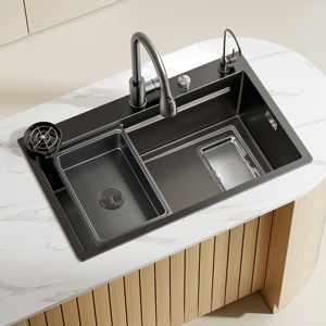 Kitchen Rice Grain Texture Gunmetal Gray SUS304 Stainless Steel Large Single Bowl Sink Left Right <b>Drain</b> - Product Image 1