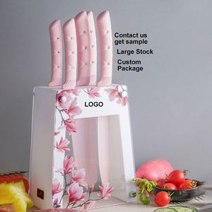 Juego de Cuchillos de Cocina Clásicos de Acero Inoxidable 3cr13, Cuchillos Utilitarios con Mango de Diamante Antideslizante con Diseño de Flor Rosa y Soporte Acrílico - Product Image 1