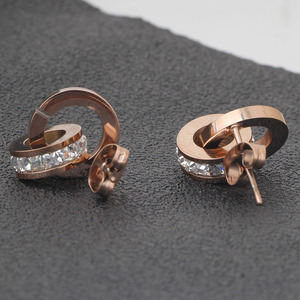 Rose Gold Stainless Steel <b>Stud</b> <b>Earrings</b> With Roman Numerals And Diamond Channel Setting 12mm Round Double Layer Design - Product Image 4