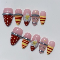 Kuku Akrilik Pre-Desain Buatan Tangan Motif Bunga Kecil 3D Garis Polkadot Kontras Merah Anggur Almond Kartun Retro Amerika