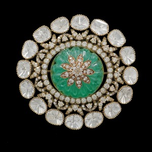 Broche de Flor de Alta Joyería con Gema Verde Redonda Tallada en Oro de 18K y Diamantes Polki, Regalo de Moda para el Día de la Madre - Product Image 3