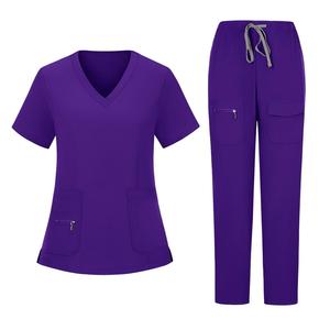 Hospital Uniforms for Medical Workwear with Front Zip and Pockets <b>Women</b> Scrub <b>Tops</b> Solid Color V Neck Short Sleeve Polyester - Product Image 5