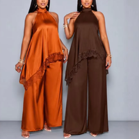 Ensemble décontracté européen et américain pour femmes africaines : Nouveau gilet sans col en dentelle patchwork, pantalon large, style élégant et tendance