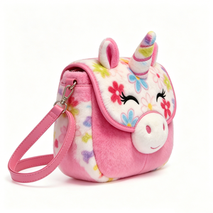 Floral Unicorn Plush Crossbody Bag, Kids Pink & White Fluffy <b>Purse</b> with Rainbow Horn & Flower Embroidery - Product Image 4
