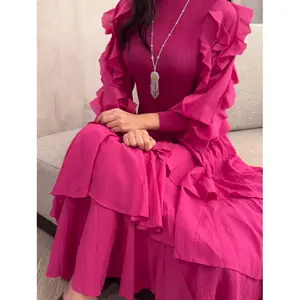 2023 Autumn Hot Selling Middle Eastern Style Long Pleated Ruffle Dress - Casual with Pleats Long Sleeve Cake Dress