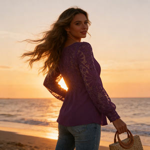 Blusa Casual de Oficina para Mujer, Elegante, con Mangas de Encaje Morado, Talla Grande, Cuello en V, Corta, con Botones, Transpirable y Ligera - Product Image 5