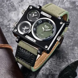 Oulm 3595 2022 Green Watches Men Top Brand Luxury Fabric Big Size Quartz Clock 3 Time Zone Male Sport Watch relogio masculino