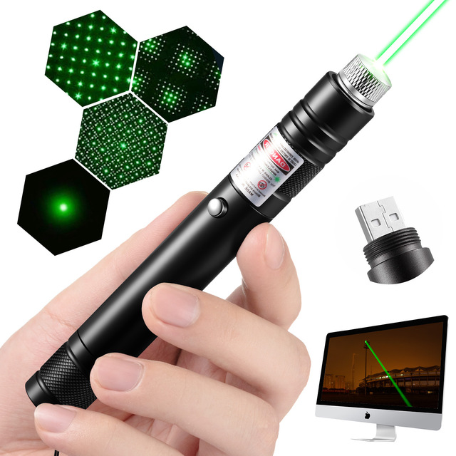 Green Laser Flashlight Pointer Aluminum Alloy Construction Long Distance Multi-Pattern Starry Effect for Teaching Presentations