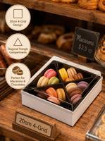 Boîte à dessert à 4 compartiments en carton PET de qualité alimentaire, design pliable pour macarons, chocolats et fruits frais, logo personnalisé disponible