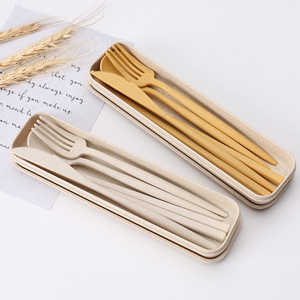 <span class=keywords><strong>Couverts</strong></span> Portable en paille de blé, couteau, cuillère, fourchette et baguettes de table, service de table pour enfants, pour voyage pique-nique Camping, 4 pièces/ensemble - Product Image 4