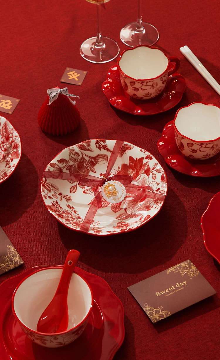 Juego rojo de 11 piezas (2 tazas, 2 tazones y 2 platos)