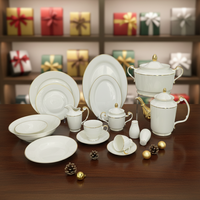 Service de table en porcelaine fine 60-66 pièces avec bord doré, écologique et compatible lave-vaisselle pour 6 personnes