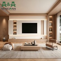 Panneau mural décoratif crème avec niche d'affichage foncée, console à tiroirs en bois et colonne de rangement haute pour la maison