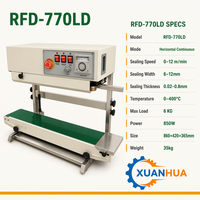 Machine de scellage à bande horizontale continue XUANHUA RFD-770LD, machine de scellage thermique pour sachets en plastique, sacs alimentaires, 0-12m/min, 0-400 degrés