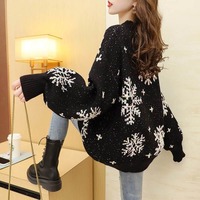 9901 #    Pull en tricot de Noël à imprimé neige pour femme, style décontracté automne-hiver, rouge et noir