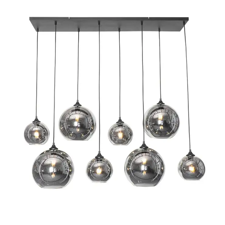 Lampada a sospensione Art Deco all'ingrosso della fabbrica nera con vetro fumé 8 luci lampada a sospensione a led per sala da pranzo