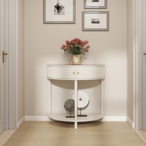 Wave Pattern Demi Lune Console <b>Table</b> Creamy White Finish Half Moon Design With 2 Storage Shelves - Product Image 5