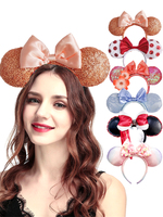 Bandeau oreilles de souris en cuir Minnie, avec nœud à sequins, accessoire de cheveux pour fêtes, pour parcs d'attractions de Shanghai