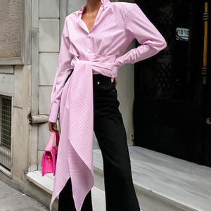 Camicie Larghe a Maniche Lunghe Rosa e Blu alla Moda, Camicie a Righe Streetwear, Blusa Casual da Donna in Popeline <span class=keywords><strong>con</strong></span> <span class=keywords><strong>Cintura</strong></span> - Product Image 1