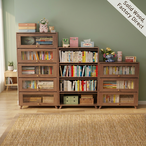 Bibliothèque moderne en bois avec portes vitrées et étagères ouvertes pour le bureau à domicile et le salon - Product Image 3