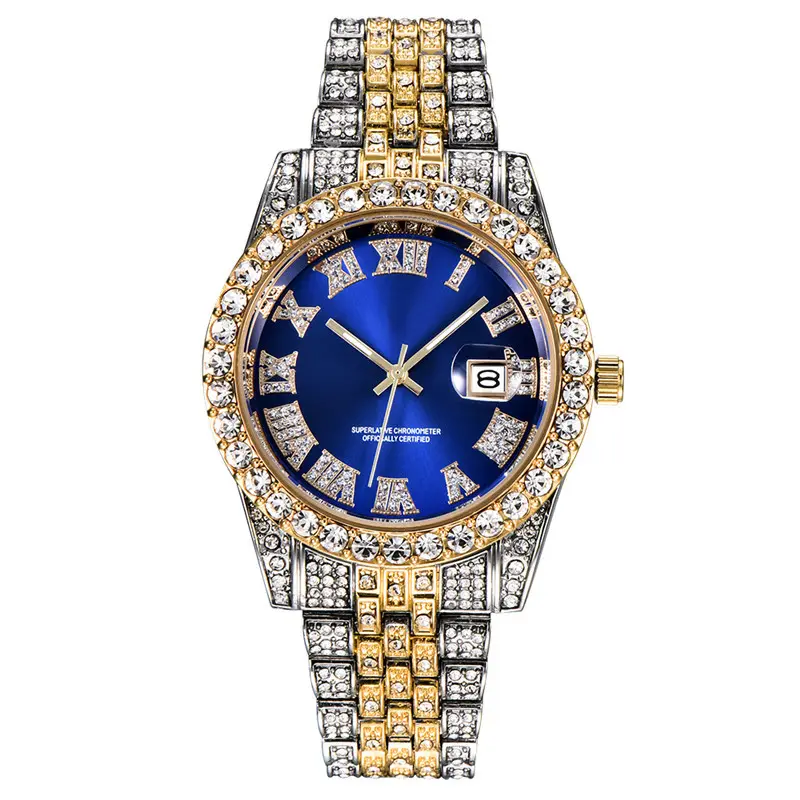 Hip Hop or argent couleur Quartz montre diamant zircon cubique montres mode acier inoxydable pour cadeau