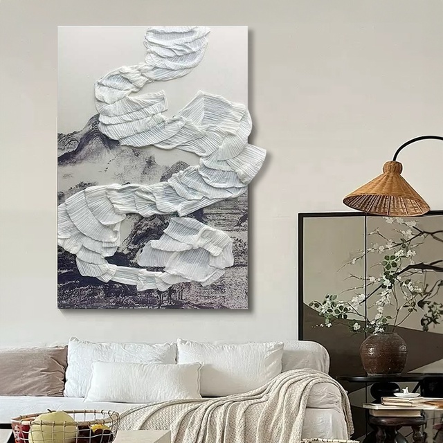 Large Canvas Print Artwork Abstract Fabric Landscape Painting Handmade Home Decor 3D Mixed Media Wall Art