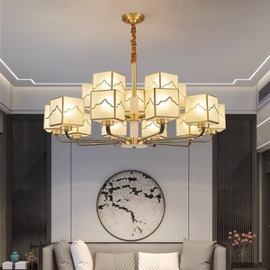 Lustre moderne minimaliste de style chinois tout en cuivre, taille moyenne, LED, luxe, salon, salle à manger, luminaire en verre - Product Image 6