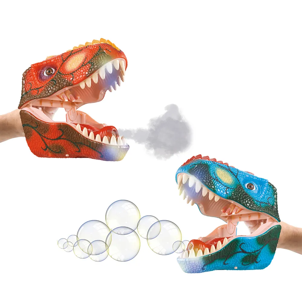เด็กเล่นกลางแจ้งของเล่นไดโนเสาร์พลาสติกหัวหุ่นมือที่มีฟองและสเปรย์