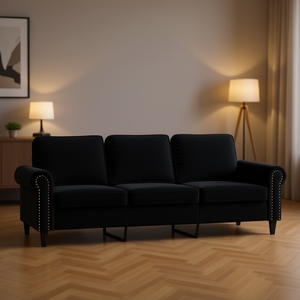 Black Velvet 3 Seater <b>Sofa</b> Rectangular Chesterfield Style Metal <b>Legs</b> <b>For</b> Living Room - Product Image 2