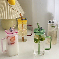 Tasse carrée horizontale haute apparence claire résistance simple couverture tropicale poignée de bureau paille haute tasse en verre borosilicate