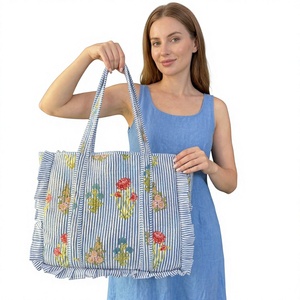 Sac fourre-tout personnalisé à volants, en coton pur matelassé, réutilisable, écologique, grande capacité, élégant, à porter à l'épaule - Product Image 1