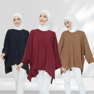 Venta al por mayor Malasia Dubai Abaya mujeres musulmanas Tops manga larga Casual cuello redondo modesto Jazz Crepe Camisas Blusas musulmanas