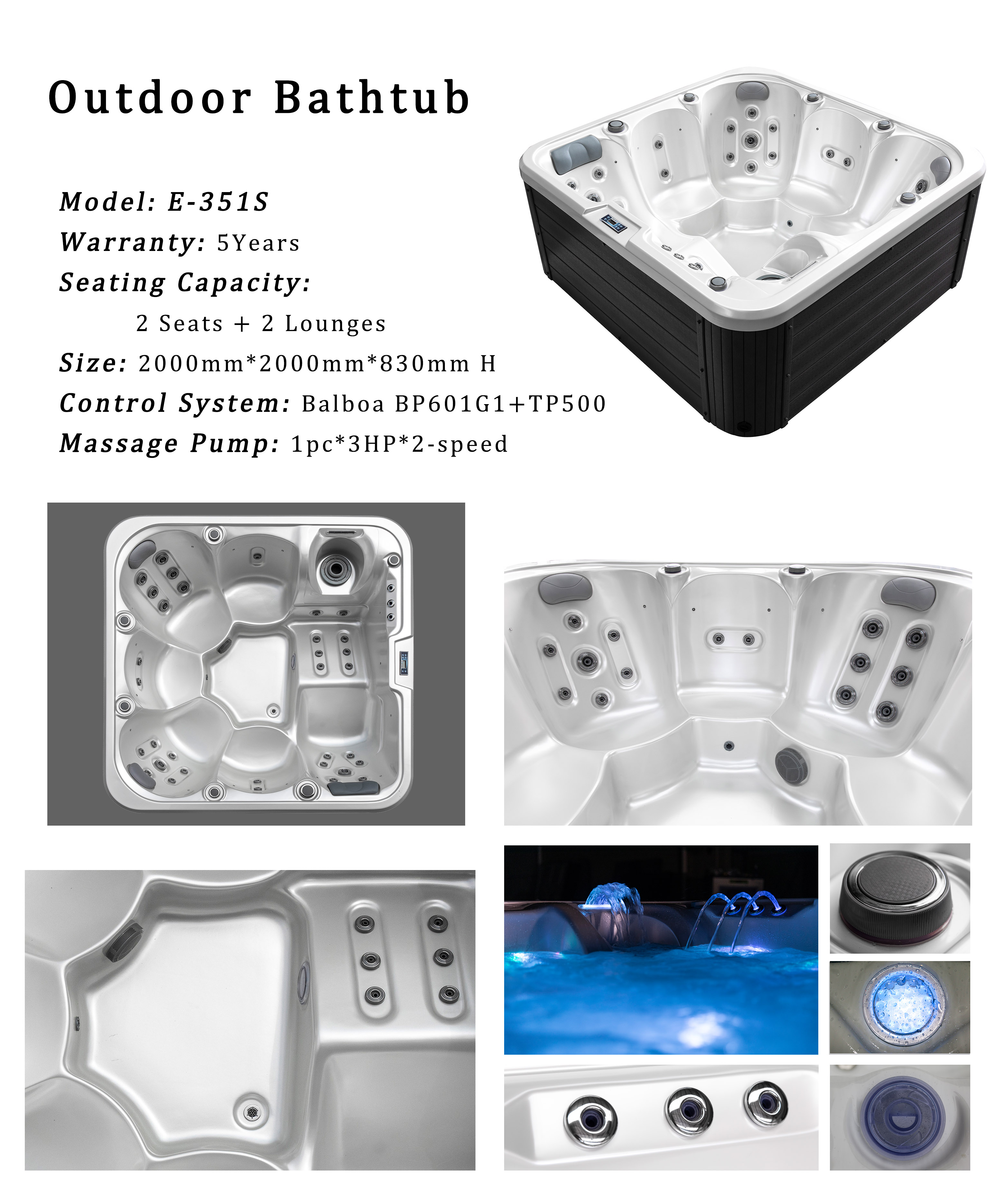 Large Size 6 Persons Spa Bathtub Outdoor Hot Tub With Black Skirt Around